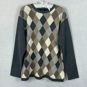 Charter Club Sweater Mens L Cashmere Brown Tan Gray Argyle Diamond Retro Grand